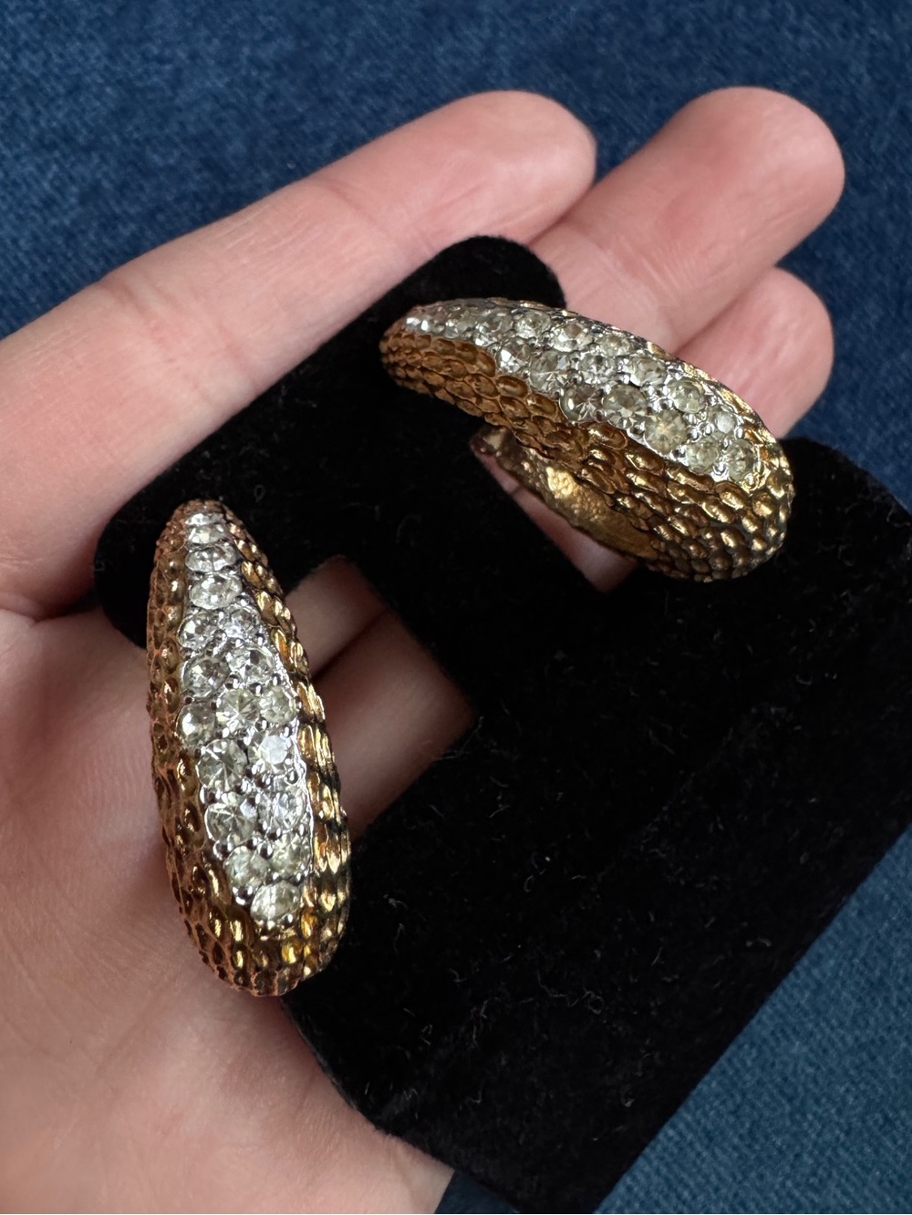 Vintage Panetta Rhinestone Clip On Earrings: Gilded Oval Hoops Earrings